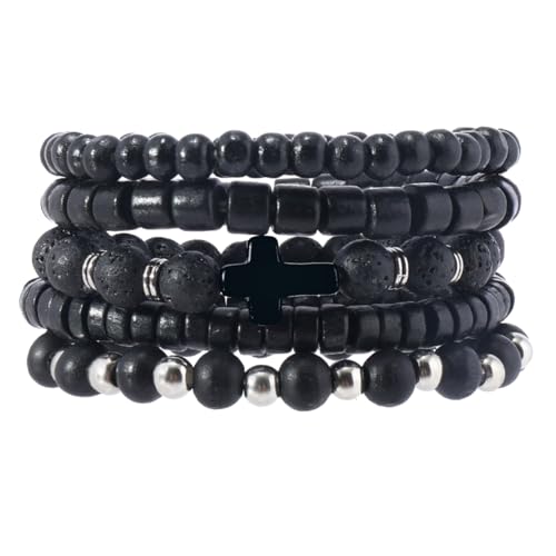 Eigso 6 Pcs Black Alloy Cross Armbänder Armreifen für Frauen Männer Lava Rock Mode Perlen Stein Armbänder für Frau Mann von Eigso