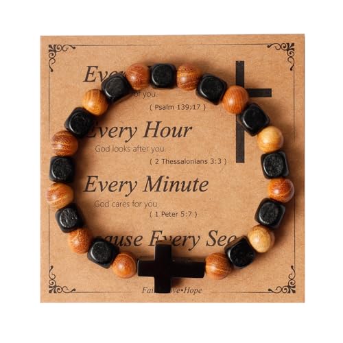 Eigso Christliche Geschenke Kreuz-Armbänder für Herren, Holz, Onyx, Perlen, Gebet, handgefertigt, Armreifen für Mann, Frau, Ehemann, Sohn, Holz, Kein Edelstein von Eigso