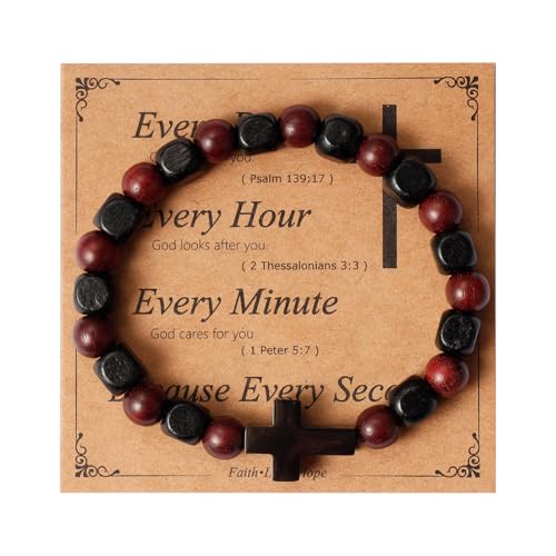 Eigso Christliche Geschenke Kreuz-Armbänder für Herren, Holz, Onyx, Perlen, Gebet, handgefertigt, Armreifen für Mann, Frau, Ehemann, Sohn, Holz, Kein Edelstein von Eigso