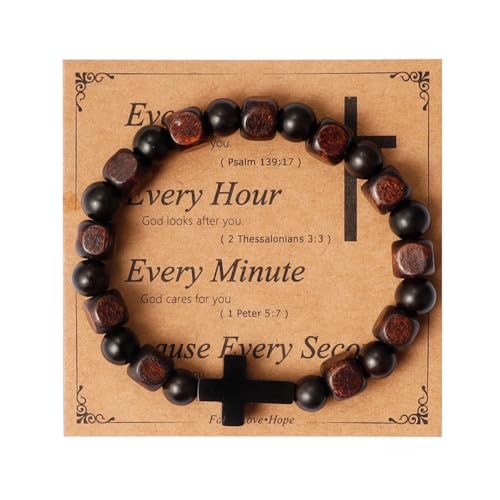 Eigso Christliche Geschenke Kreuz-Armbänder für Herren, Holz, Onyx, Perlen, Gebet, handgefertigt, Armreifen für Mann, Frau, Ehemann, Sohn, Holz, Kein Edelstein von Eigso