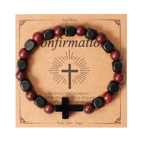 Eigso Elegant Rot Sandelholz Perlen Christlich Kreuz Armband für Männer Frauen Holzperlen Religiös Armband für Mann Frau von Eigso