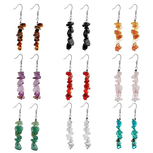 Eigso Naturstein Ohrringe für Frauen Männer 9 Paare Kristallstein Chips Dropping Ohrring Set für Frau Mann Unisex Chakra Perlen Steine Ohrgehänge von Eigso