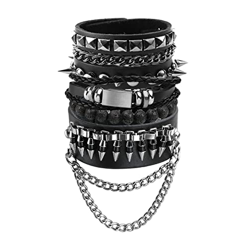 Eigso Punk Leder Manschette Armband Set für Frauen Mens Lava Rock Kette Armbänder für Mann Frau von Eigso
