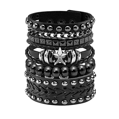 Eigso Retro Vintage Leder Armbänder für Männer Frauen Silber Star Punk Manschette Armbänder für Mann Frau von Eigso