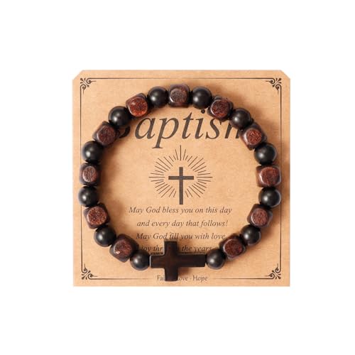 Eigso Schwarz Onyx Perlen Kreuz Armband Christian Geschenk für Männer Frauen Religiös Holzperlen Armband für Mann Frau von Eigso