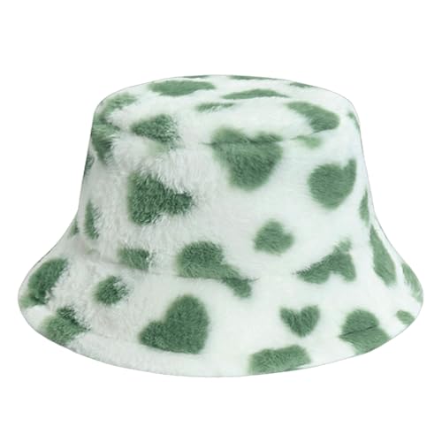 Eigso Winter Grün Warm Pelz Fuzzy Eimer Hut für Frauen Männer Unisex Mode Herz Print Cute Plüsch Eimer Hut für Frau Mann von Eigso