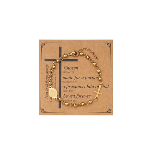 Eigso Womens Gold Kreuz Kruzifix Armbänder für erste Commuion Jungfrau Maria Medaille Armband für Frau Kette Rosenkranz Perlen Armband von Eigso