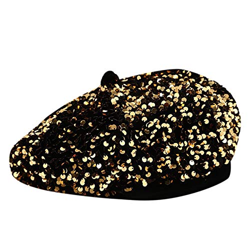 Damen Baskenmütze Glitzer Pailletten französischer Stil Beanie Kürbis Kappe verstellbar Mode Newsboy Wintermütze - Gold - Einheitsgröße von Eilova Orityle
