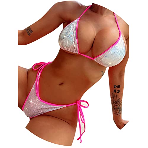 Eilova Orityle Damen Liquid Metallic Sexy Dreieck Bikini Set Glänzend Badeanzug Zweiteilige Badeanzug Krawatte Zwei Seiten Unterteil, Glänzendes Weiß-Rosa, Large von Eilova Orityle