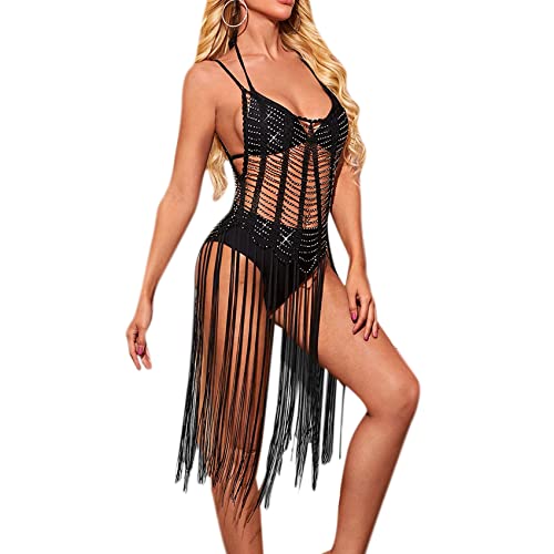 Eilova Orityle Sexy Badeanzug für Damen, Strass, durchsichtig, gehäkelt, Strand-Bikini, Coverup, Fischnetz, figurbetont, Kristallschwarze, lange Quaste, Einheitsgröße von Eilova Orityle