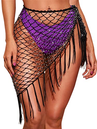 Eilova Orityle Sexy Damen-Badeanzug mit Strasssteinen, durchsichtiges Kleid, gehäkelt, Strand, Bikini, Vertuschung, Fischnetz, figurbetont, Crystal Black Sarongs, Einheitsgröße von Eilova Orityle