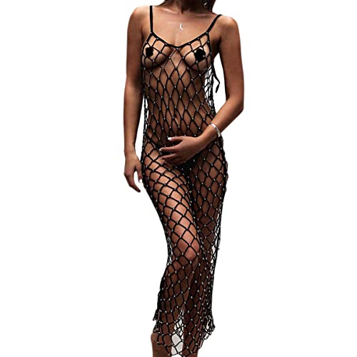 Eilova Orityle Sexy Damen-Badeanzug mit Strasssteinen, durchsichtiges Kleid, gehäkelt, Strand, Bikini, Vertuschung, Fischnetz, figurbetont, perlschwarz, Einheitsgröße von Eilova Orityle