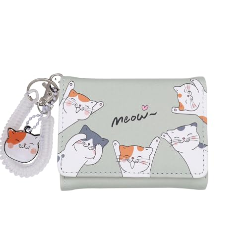 Süße Katze Mädchen Geldbörse für Teenager Kinder Frauen Slim Tri-Fold Geldbörse Geldbörse Kartenhalter Organizer mit Pfotenanhänger, Cartoon Cats & Coiled Strap Grün, Einheitsgröße von Eilova Orityle