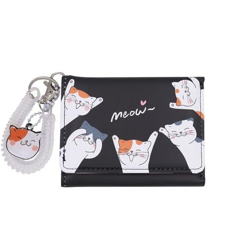 Süße Katze Mädchen Geldbörse für Teenager Kinder Frauen Slim Tri-Fold Geldbörse Geldbörse Kartenhalter Organizer mit Pfotenanhänger, Cartoon Cats & Coiled Strap Schwarz, Einheitsgröße von Eilova Orityle