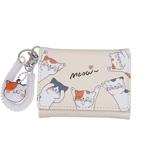 Süße Katze Mädchen Geldbörse für Teenager Kinder Frauen Slim Tri-Fold Geldbörse Geldbörse Kartenhalter Organizer mit Pfotenanhänger, Cartoon Cats & Coiled Strap White, Einheitsgröße von Eilova Orityle