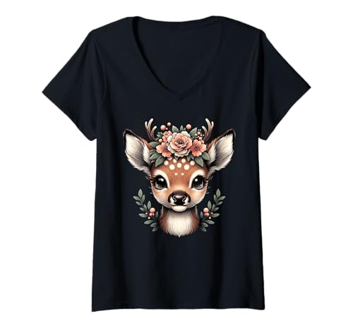 Damen Rentier Hirsch Trachtenshirt Dirndl Reh t shirt Damen Tracht T-Shirt mit V-Ausschnitt von Ein süßes Rehkitz karneval reh Tshirt damen