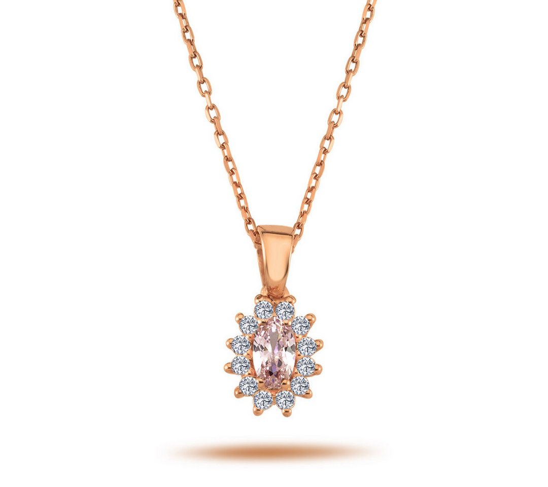 EinStein Diamant Goldkette Halskette mit Vintage Style Anhänger ovaler Morganit und Brillianten in 14 Karat Rotgold Rosegold, Diamant Anhänger mit Kette, Halskette, Collier in 14 Karat Gold von EinStein Diamant