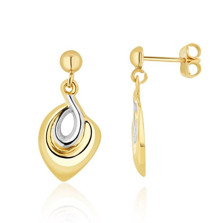 9 Karat Zweifarbige Weiß/Gelbgold Fancy Flache Tropfen Ohrringe 9 Karat Zweifarbige Weiß/Gelbgold Fancy Flache Tropfen Ohrringe von EinatsBoutique