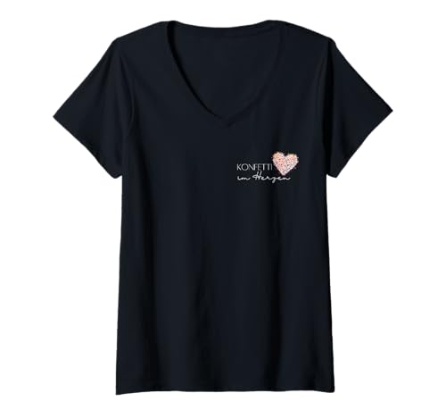 Eine Prise Konfetti Damen T-Shirt mit V-Ausschnitt Schwarz S Medium EU 16.5 Konfetti, Herz, bunt, fröhlich, leichtes, klassisch geschnittenes T-Shirt, doppelt genähte Ärmel und Saumabschluss von Eine Prise Konfetti