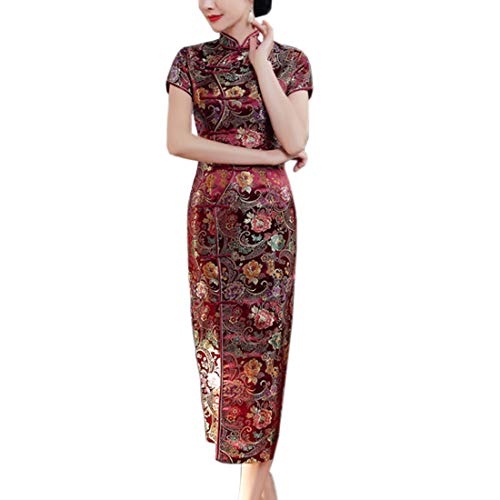 Damen Chinesisches Kleid Klassisch Kurzarm Floral Qipao Traditional Cheongsam Midi Dress Partykleid Festkleider von Eineukleid