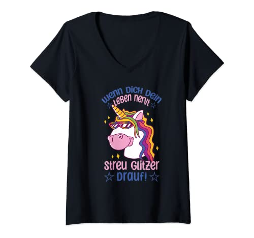 Damen Wenn dich dein Leben nervt, streu Glitzer drauf Einhörner T-Shirt mit V-Ausschnitt von Einhörner Glitzer Lustig Pferde Pink Designs