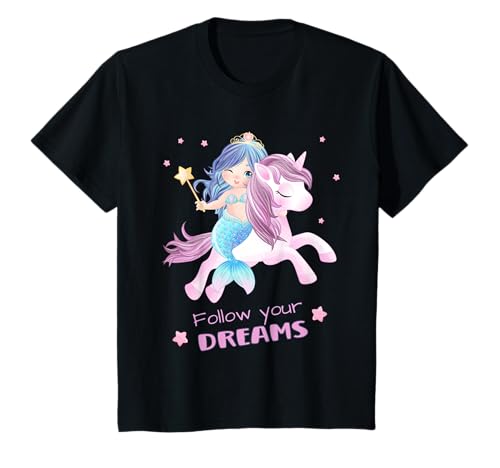 Einhorn und Meerjungfrau folgen Ihren Träumen Sommer Mädchen T-Shirt von Einhörner Meerjungfrauen Träume Urlaub Zauberstab
