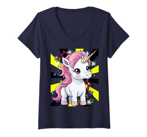 Damen Einhorn Einhörner Pferd 60er Pferde Mädchen Fabeltier Retro T-Shirt mit V-Ausschnitt Damen Einhorn Einhörner Pferd 60er Pferde Mädchen Fabeltier Retro T-Shirt mit V-Ausschnitt von Einhörner Pferde Märchen Pferd Schloss