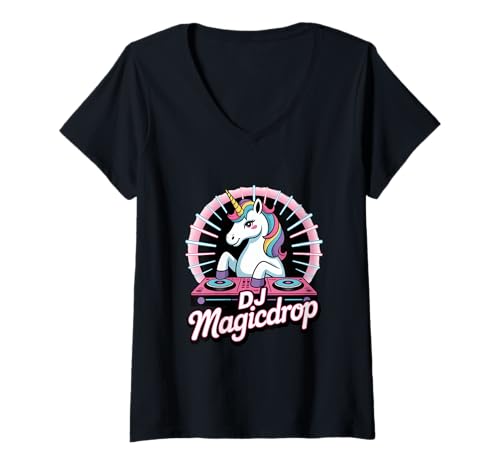 Damen DJ Magicdrop Einhorn DJ Musik Party Club Rave T-Shirt mit V-Ausschnitt Damen DJ Magicdrop Einhorn DJ Musik Party Club Rave T-Shirt mit V-Ausschnitt von Einhorn DJ Musik Club Party Rave Fantasy