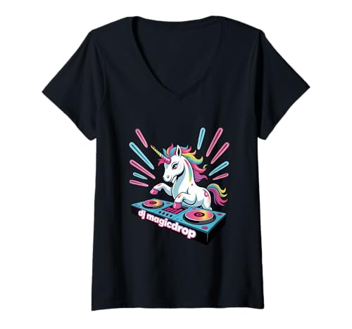 Damen DJ Magicdrop Einhorn DJ Pult Musik Club Rave Party T-Shirt mit V-Ausschnitt Damen DJ Magicdrop Einhorn DJ Pult Musik Club Rave Party T-Shirt mit V-Ausschnitt von Einhorn DJ Musik Rave Party Festival Kinder