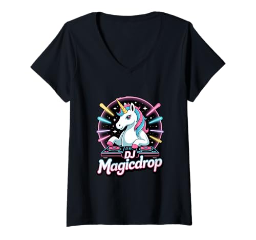Damen DJ Magicdrop Einhorn Rave Musik Club Festival Party T-Shirt mit V-Ausschnitt Damen DJ Magicdrop Einhorn Rave Musik Club Festival Party T-Shirt mit V-Ausschnitt von Einhorn DJ Rave Musik Festival Club Party