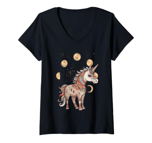 Damen Einhorn Einhörner Mondphase spirituell Märchen Märchenfigur T-Shirt mit V-Ausschnitt Damen Einhorn Einhörner Mondphase spirituell Märchen Märchenfigur T-Shirt mit V-Ausschnitt von Einhorn Einhörner Fabeltier
