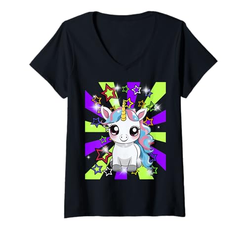 Damen Kinder Mädchen Jugen Retro 60er Einhorn Pferd T-Shirt mit V-Ausschnitt von Einhorn Einhörner Fabeltier