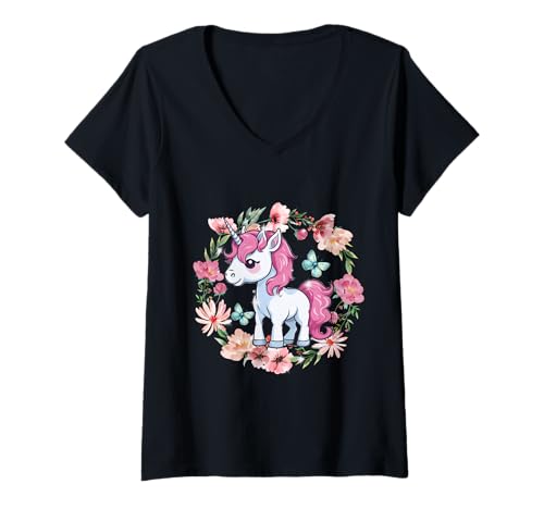 Damen Retro Blumen Einhorn Kinder Mädchen Pferd T-Shirt mit V-Ausschnitt von Einhorn Einhörner Fabeltier