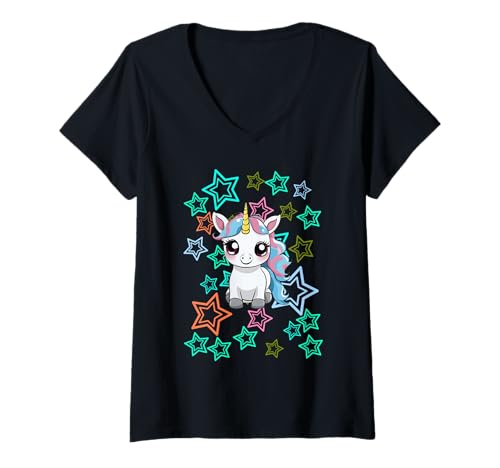 Damen Retro Kind Sterne 80er Einhorn Fabeltier Mädchen Jungen 60er T-Shirt mit V-Ausschnitt von Einhorn Einhörner Fabeltier
