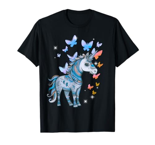 Frauen Teenie Mädchen Pferd Einhorn Einhörner Schmetterlinge T-Shirt von Einhorn Einhörner Fabeltier