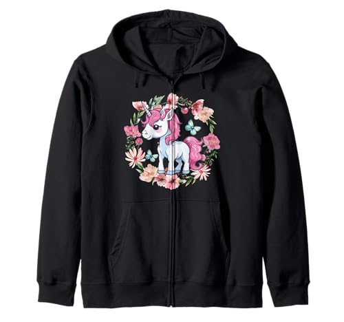 Retro Blumen Einhorn Kinder Mädchen Pferd Kapuzenjacke von Einhorn Einhörner Fabeltier