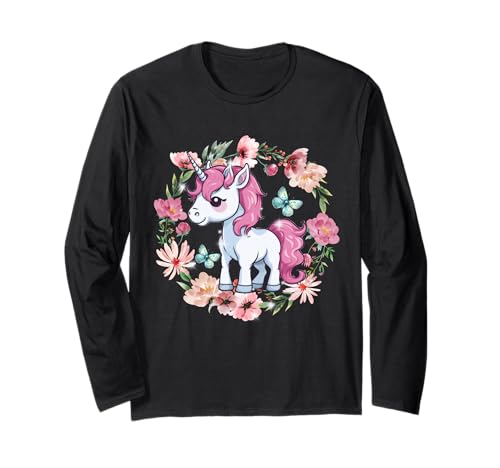 Retro Blumen Einhorn Kinder Mädchen Pferd Langarmshirt von Einhorn Einhörner Fabeltier