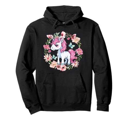 Retro Blumen Einhorn Kinder Mädchen Pferd Pullover Hoodie von Einhorn Einhörner Fabeltier