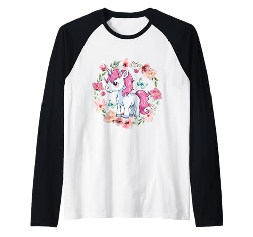 Retro Blumen Einhorn Kinder Mädchen Pferd Raglan von Einhorn Einhörner Fabeltier