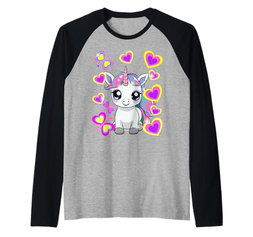 Retro Kinder Mädchen Herz Einhorn Pferde Einhörner 60er Raglan von Einhorn Einhörner Fabeltier