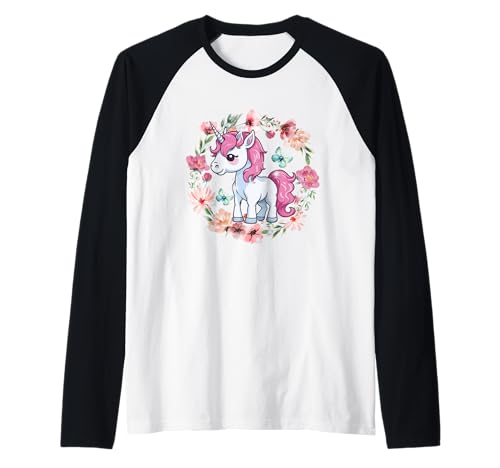 Sommer Blumen Einhorn Pferde Mädchen Natur Kinder Raglan von Einhorn Einhörner Fabeltier