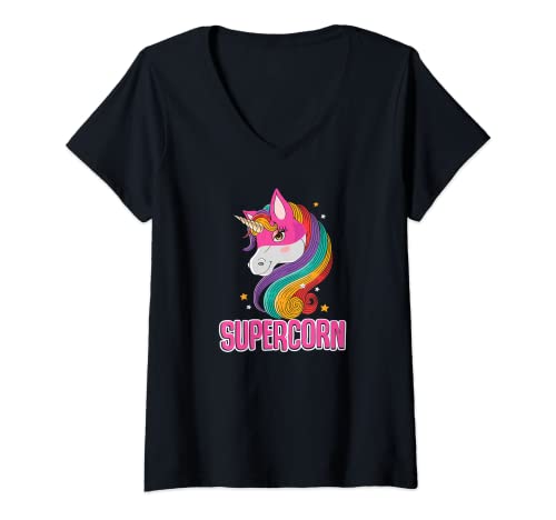 Damen Einhörner Superheld Einhorn Helden Kostüm Kinder Supercorn T-Shirt mit V-Ausschnitt Damen Einhörner Superheld Einhorn Helden Kostüm Kinder Supercorn T-Shirt mit V-Ausschnitt von Einhorn Geschenk Mädchen Süßes Unicorn Kostüm