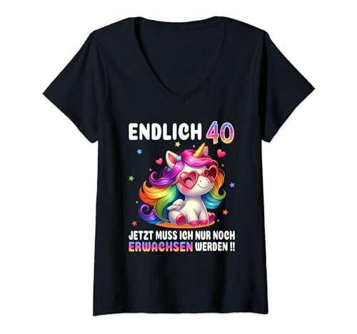 Damen 40 Geburtstag Geschenke Frau 40 Jahre Einhorn Party Outfit T-Shirt mit V-Ausschnitt von Einhorn Geschenke Party Outfit Geburtstag T-Shirts