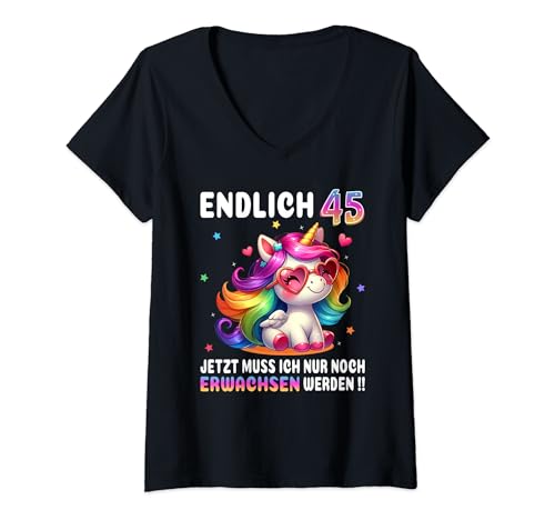 Damen 45 Geburtstag Geschenke Frau 45 Jahre Einhorn Party Outfit T-Shirt mit V-Ausschnitt von Einhorn Geschenke Party Outfit Geburtstag T-Shirts