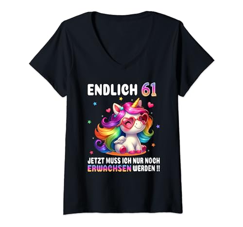 Damen 61 Geburtstag Geschenke Frau 61 Jahre Einhorn Party Outfit T-Shirt mit V-Ausschnitt von Einhorn Geschenke Party Outfit Geburtstag T-Shirts