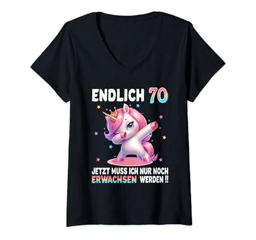 Damen 70 Geburtstag Frau 70 Jahre Party Outfit Lustiges Einhorn T-Shirt mit V-Ausschnitt von Einhorn Geschenke Zum Geburtstag