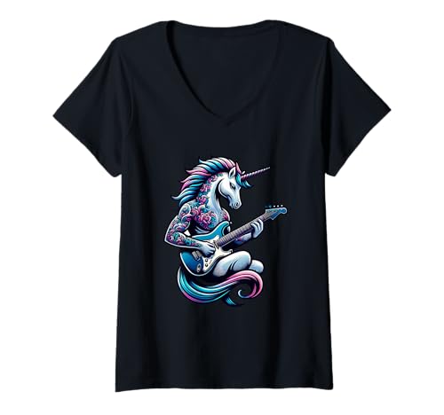 Damen Einhorn E-Gitarre Magischer Musiktraum T-Shirt mit V-Ausschnitt von Einhorn Gitarre E-Gitarre Musik Fantasie