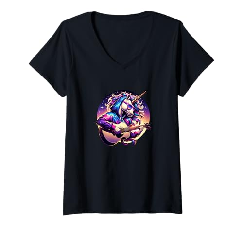 Damen Einhorn Mit Gitarre Musik Akustik Rock Hoodie Sterne T-Shirt mit V-Ausschnitt Damen Einhorn Mit Gitarre Musik Akustik Rock Hoodie Sterne T-Shirt mit V-Ausschnitt von Einhorn Gitarre Musik Akustik Rock Hoodie Sterne