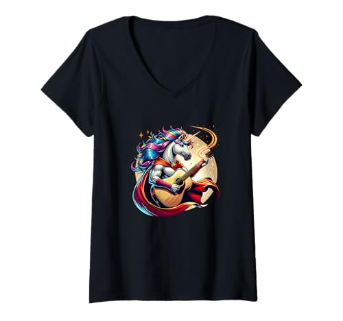 Damen Einhorn Mit Gitarre Regenbogenheld Sternenmagie T-Shirt mit V-Ausschnitt Damen Einhorn Mit Gitarre Regenbogenheld Sternenmagie T-Shirt mit V-Ausschnitt von Einhorn Gitarre Regenbogen Rockstar Fantasy