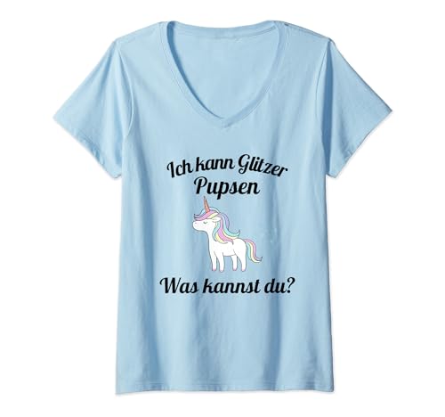 Damen Ich kann Glitzer pupsen Was kannst du? Einhorn T-Shirt mit V-Ausschnitt von Einhorn Glitzer